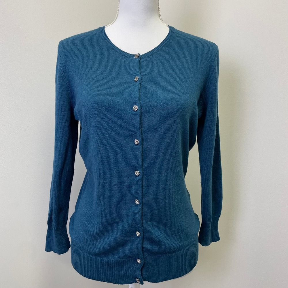VTG Express Design Studio Teal Silk Cashmere Blend Rhinestone Button Cardigan L